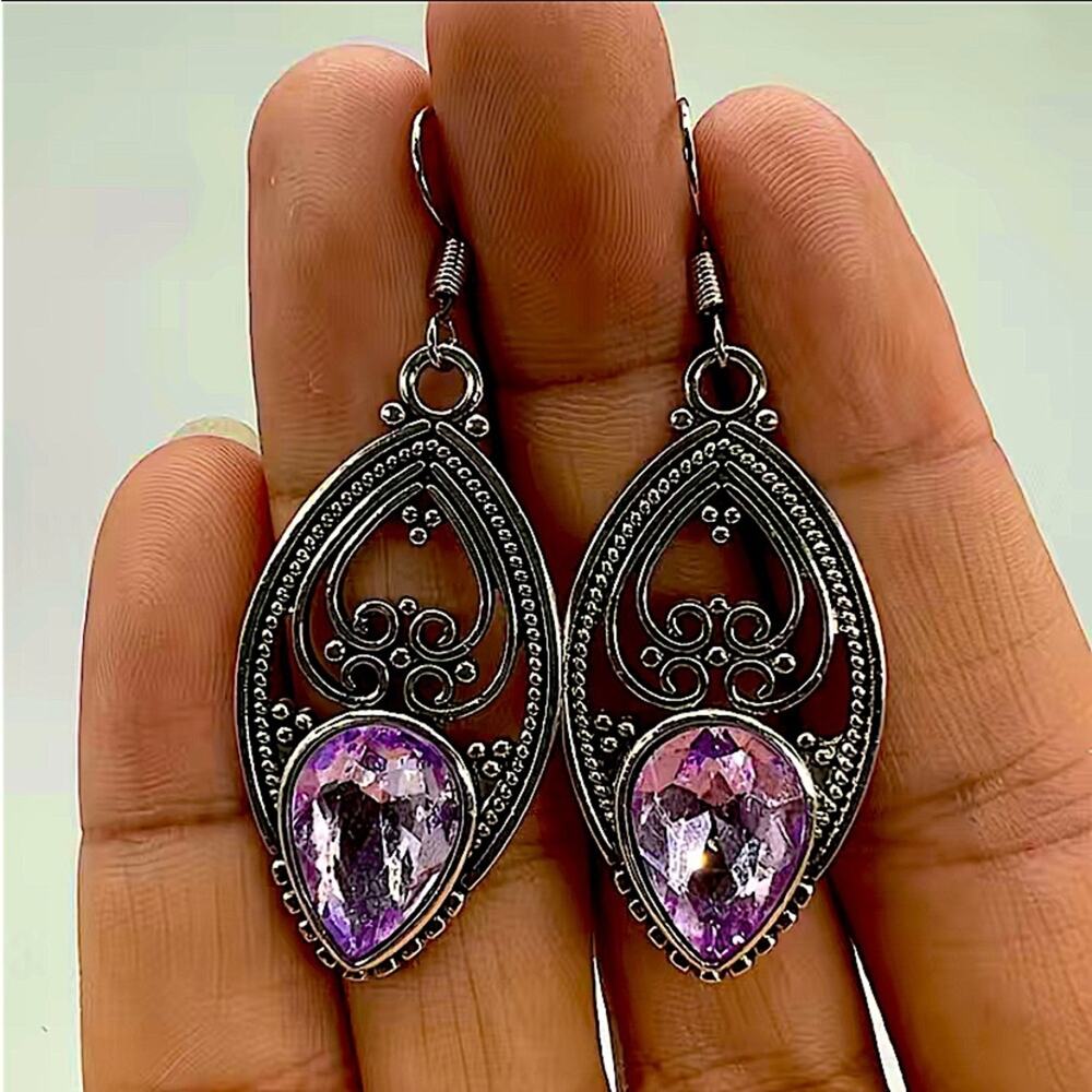 Silver Amethyst Hollow Out Vintage Dangle Boho Earrings - Picture 2 of 5